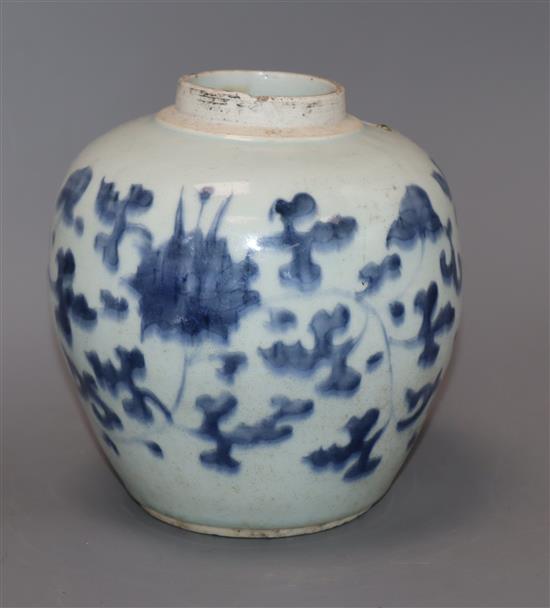 A 17th century Chinese blue and white ovoid jar, unglazed base height 17.5cm, lacking cover